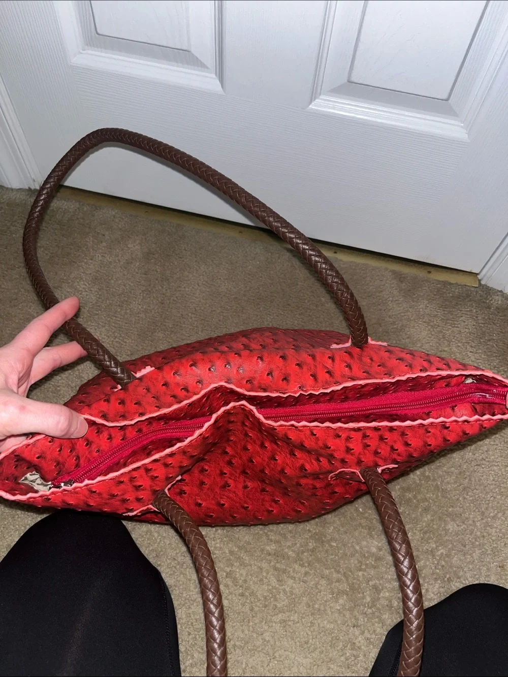 Milan Chiva Red Textured Tote with Braided Brown Shoulder Handles